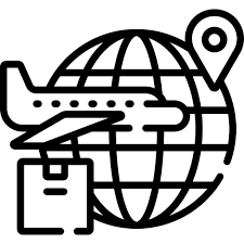An airplane encircling the globe with a package behind it, symbolizing global shipping and delivery services.